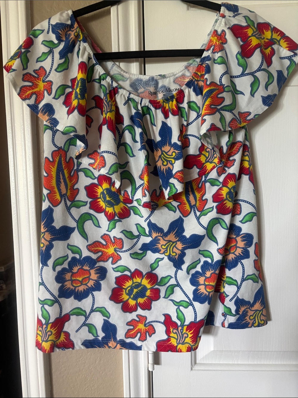 Rebecca Malone Floral Off-Shoulder Top in White with Multicolor Print